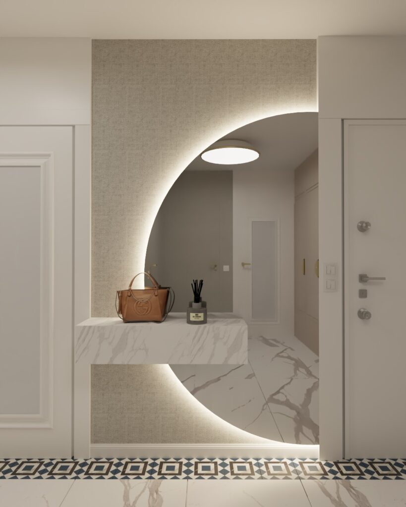 Jasny hol z nowoczesnym oświetleniem i minimalistycznym wystrojem