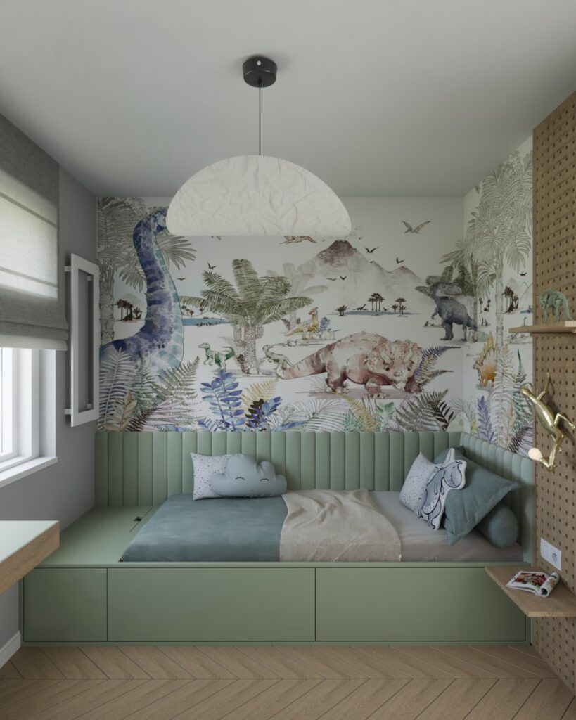 Przestronny pokój chłopięcy z dużym oknem i nowoczesnym wystrojem