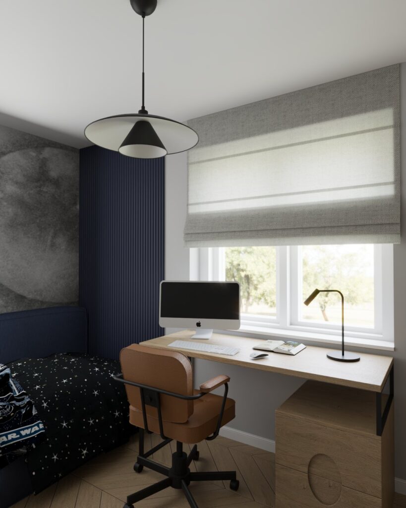 Pokój nastolatka z designerskimi akcentami w granacie