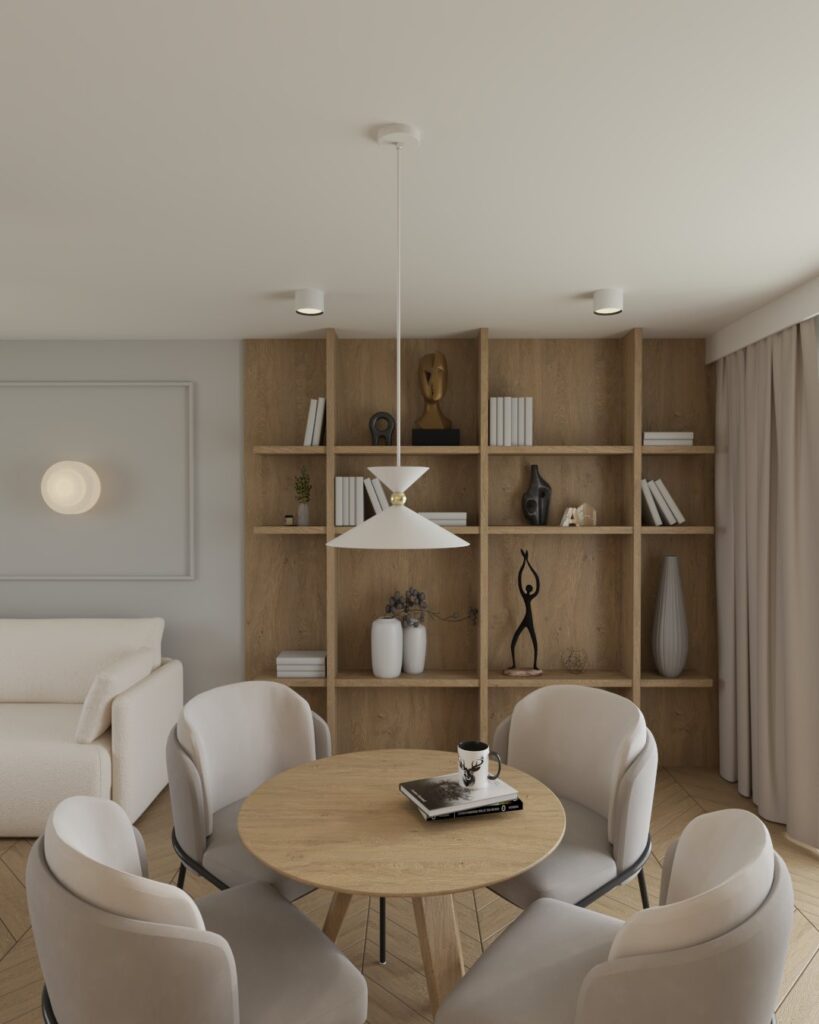 Salon z przestronnym układem i eleganckimi detalami