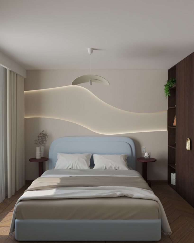 Sypialnia z designerskimi meblami, efektowną ścianą i stonowaną kolorystyką