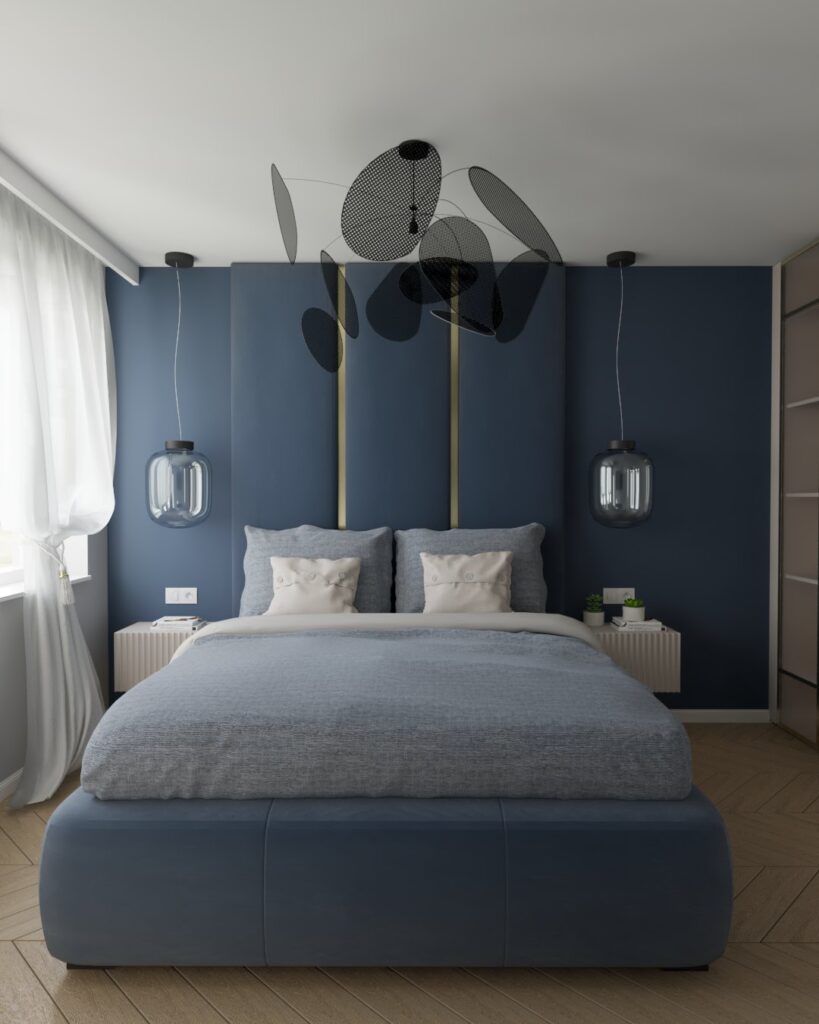 Sypialnia z przestronnym układem i stonowaną kolorystyką