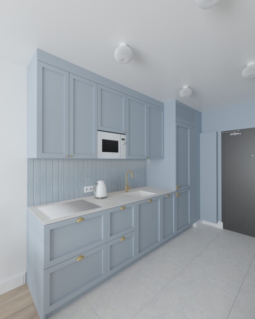 Projekt błękitnej kuchni w nadmorskim apartamencie w Gdańsku