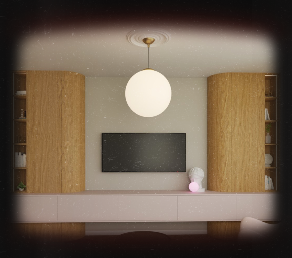 projekt salonu w stylu midcentury, pudrowy róż i drewno