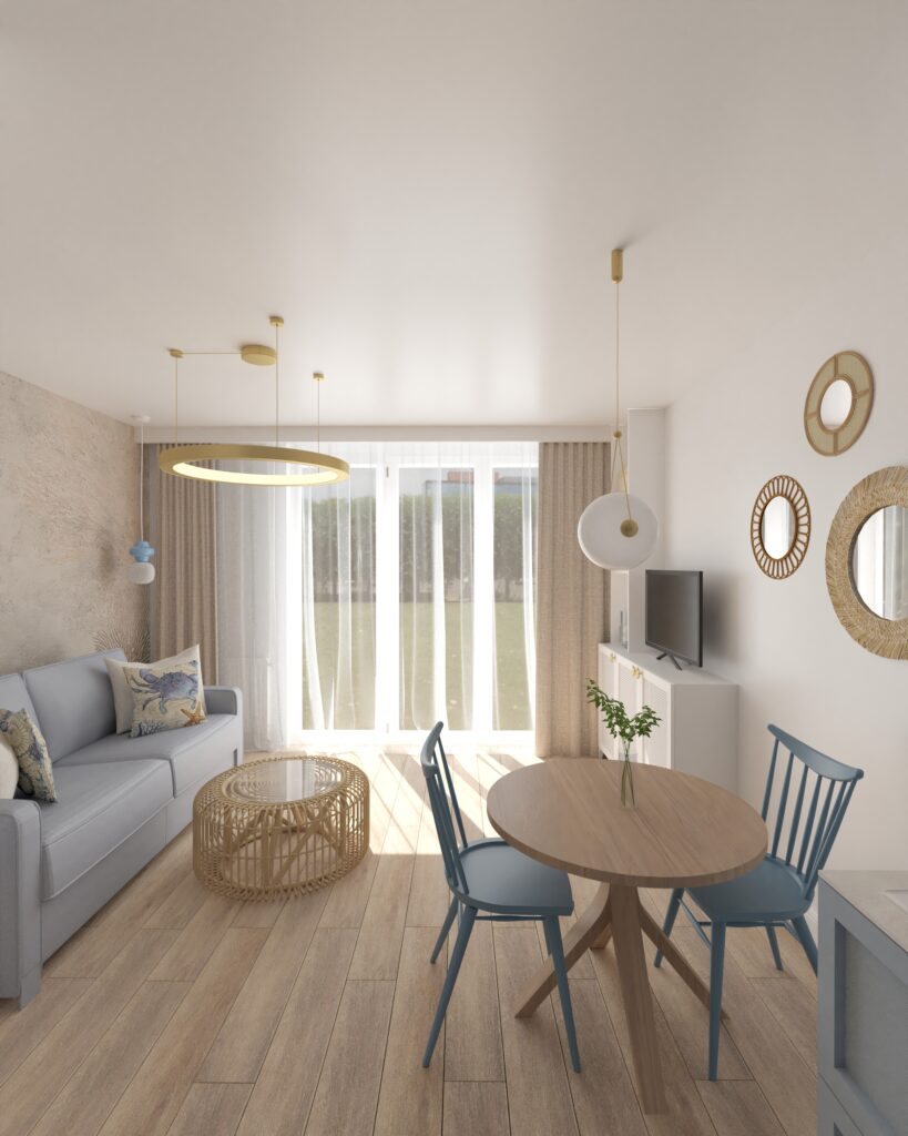 Projekt salonu w nadmorskim apartamencie w Gdańsku