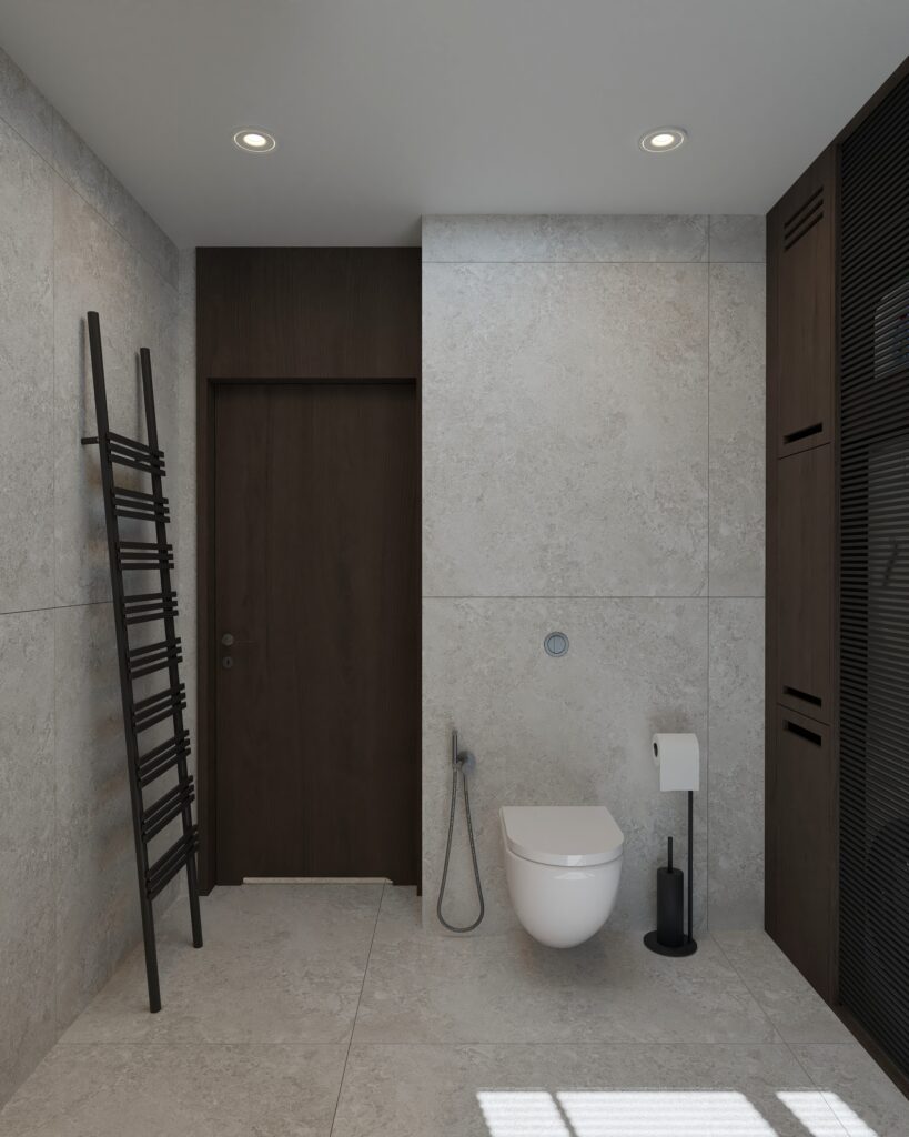 Łazienka z prysznicem typu walk-in, drewnianą zabudową i pralnią – projekt mieszkania Gdańsk