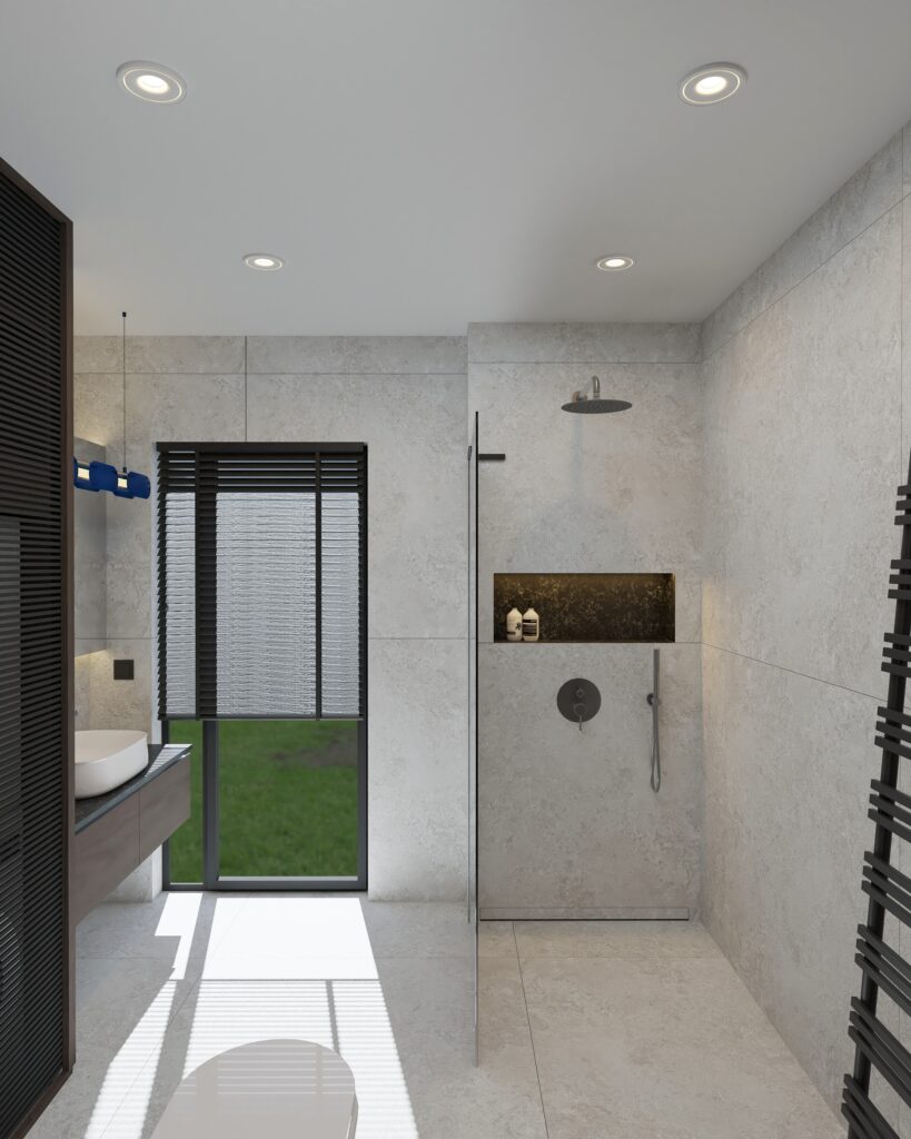 Łazienka z prysznicem typu walk-in, drewnianą zabudową i pralnią – projekt mieszkania Gdańsk