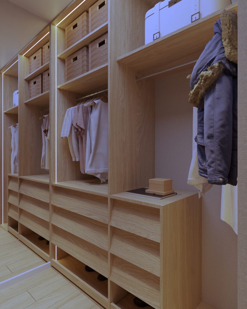 Projekt garderoby w stylu japandi w mieszkaniu w Gdańsku